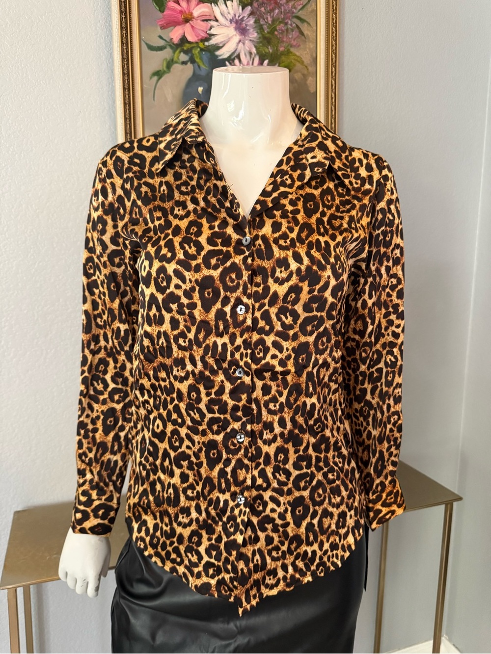 Jon & Anna Leopard Print Button-Down Shirt - Black/Brown/Gold